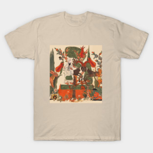 FOREST ANIMALS ,BATTLING RAMS, RED FOX, RABBITS AND ASCETIC AMONG TULIPS ,FLOWERS, GREEN LEAVES T-Shirt