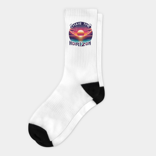 Chase the Horizon – Retro Sunset Motivational Artwork Socks by MakerMind8.2