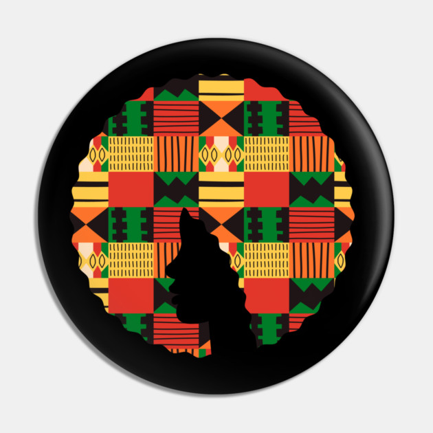 Afro Hair Woman with African Pattern, Black History Pin by logiamerch