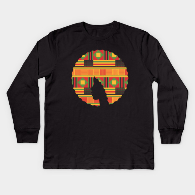Afro Hair Woman with African Pattern, Black History Kids Long Sleeve T-Shirt by logiamerch
