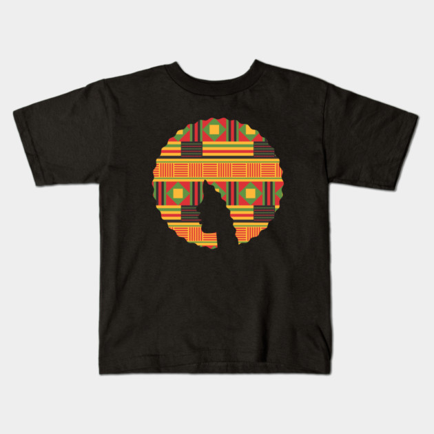 Afro Hair Woman with African Pattern, Black History Kids T-Shirt by logiamerch