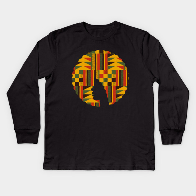 Afro Hair Woman with African Pattern, Black History Kids Long Sleeve T-Shirt by logiamerch