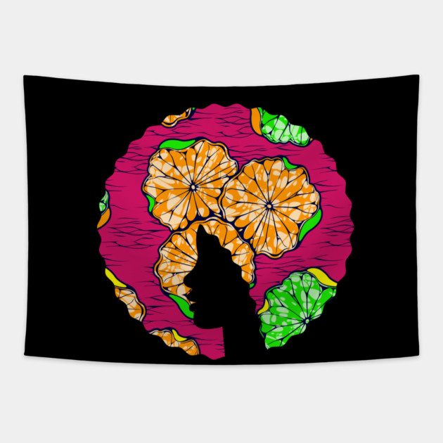 Afro Hair Woman with African Pattern, Black History Tapestry by logiamerch