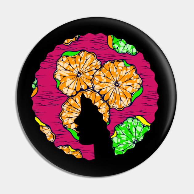 Afro Hair Woman with African Pattern, Black History Pin by logiamerch