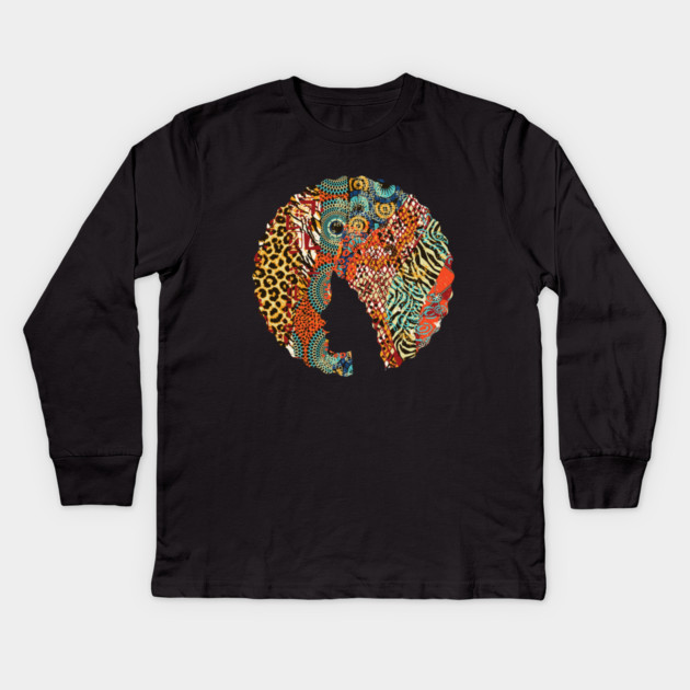 Afro Hair Woman with Animal African Pattern, Black History Kids Long Sleeve T-Shirt by logiamerch