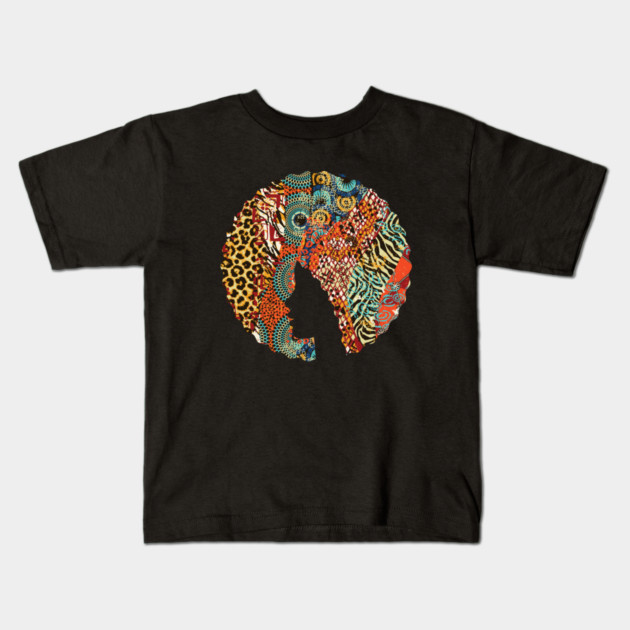 Afro Hair Woman with Animal African Pattern, Black History Kids T-Shirt by logiamerch