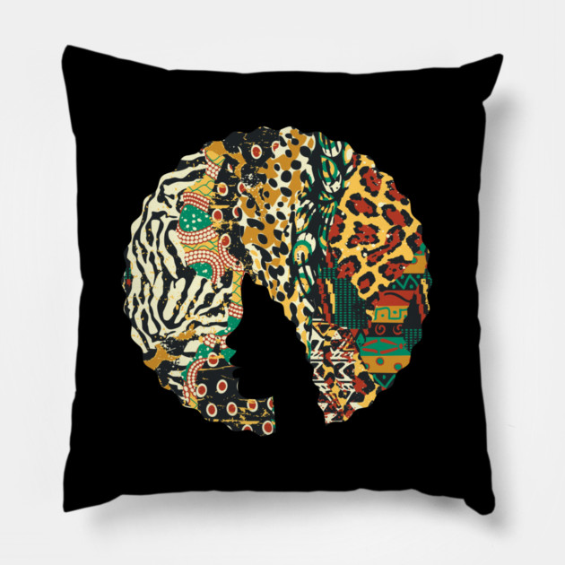 Afro Hair Woman with Animal African Pattern, Black History Pillow by logiamerch