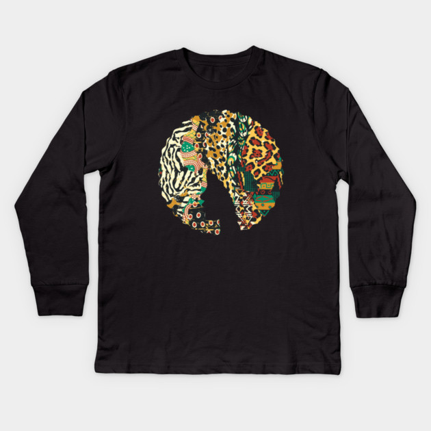 Afro Hair Woman with Animal African Pattern, Black History Kids Long Sleeve T-Shirt by logiamerch