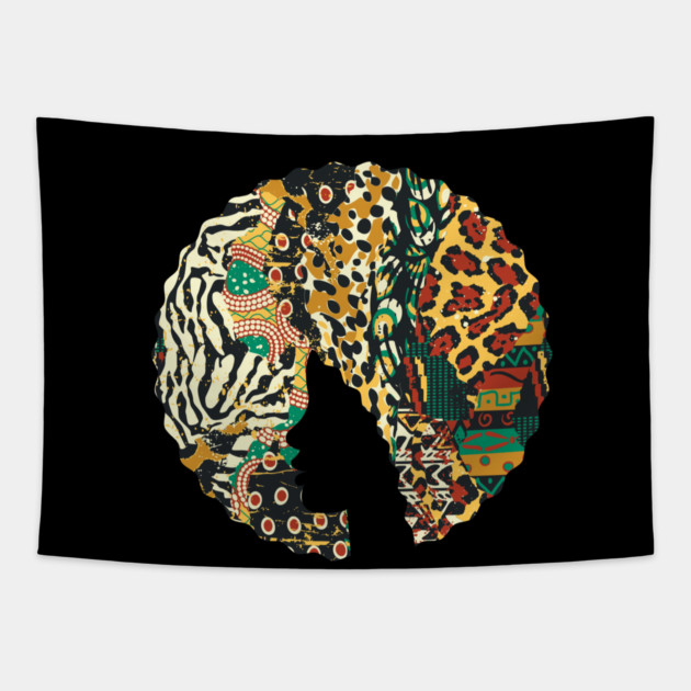 Afro Hair Woman with Animal African Pattern, Black History Tapestry by logiamerch
