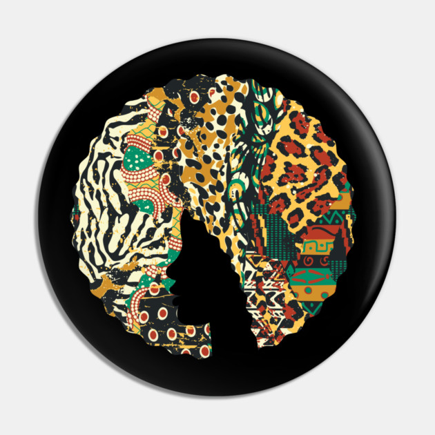 Afro Hair Woman with Animal African Pattern, Black History Pin by logiamerch