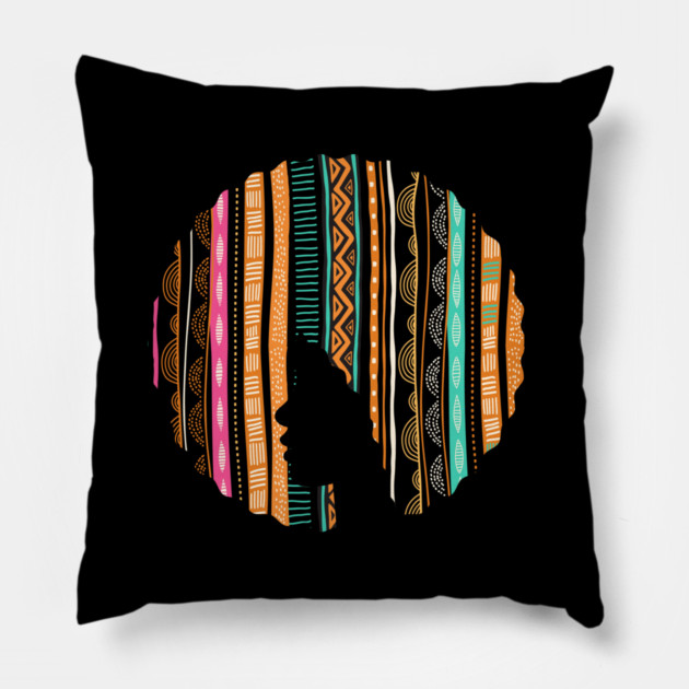 Afro Hair Woman with African Pattern, Black History Pillow by logiamerch