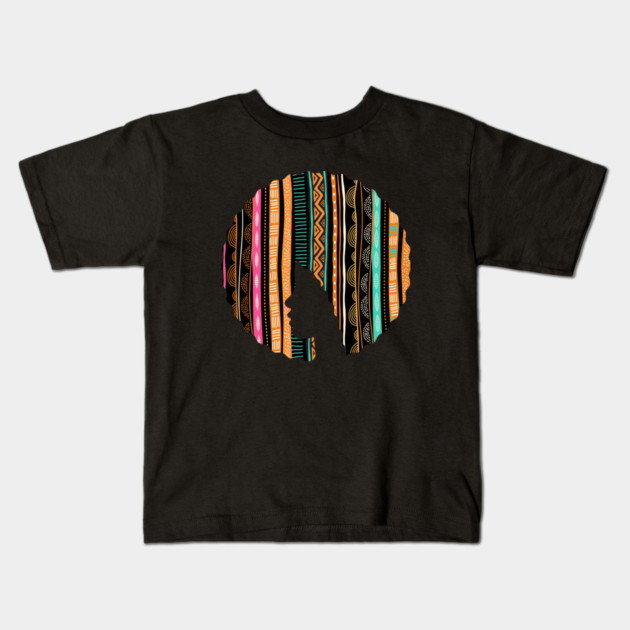 Afro Hair Woman with African Pattern, Black History Kids T-Shirt by logiamerch