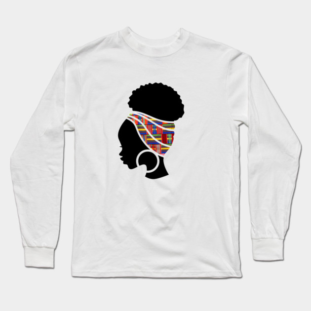Afro Hair Woman with African Pattern Headwrap Long Sleeve T-Shirt by logiamerch