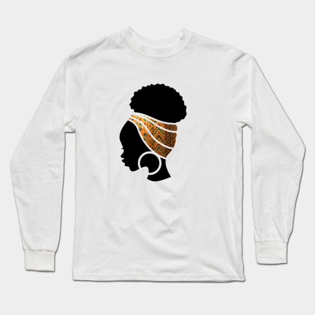 Afro Hair Woman with African Pattern Headwrap Long Sleeve T-Shirt by logiamerch