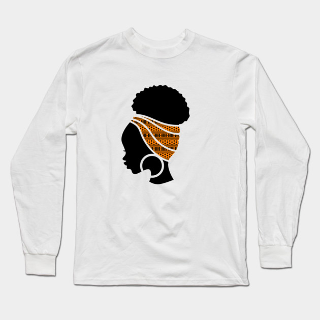Afro Hair Woman with African Pattern Headwrap Long Sleeve T-Shirt by logiamerch