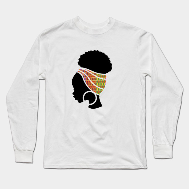 Afro Hair Woman with African Pattern Headwrap Long Sleeve T-Shirt by logiamerch