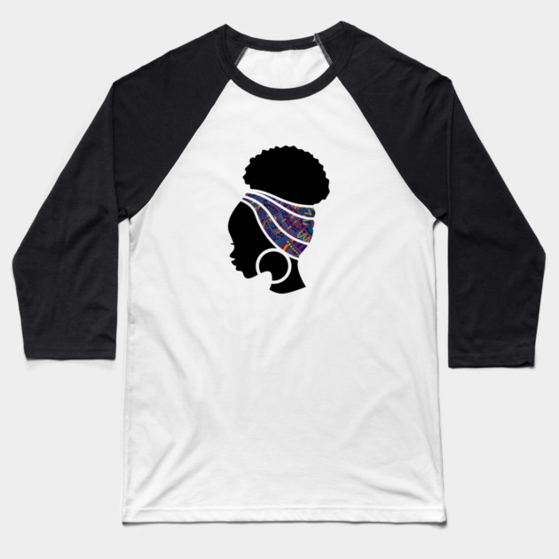 Afro Hair Woman with African Pattern Headwrap Baseball T-Shirt by logiamerch