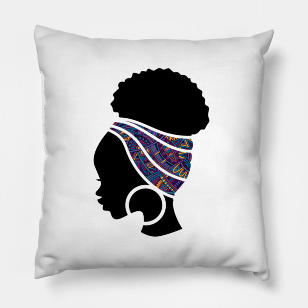 Afro Hair Woman with African Pattern Headwrap Pillow by logiamerch