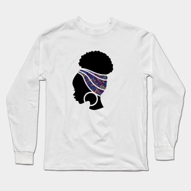 Afro Hair Woman with African Pattern Headwrap Long Sleeve T-Shirt by logiamerch