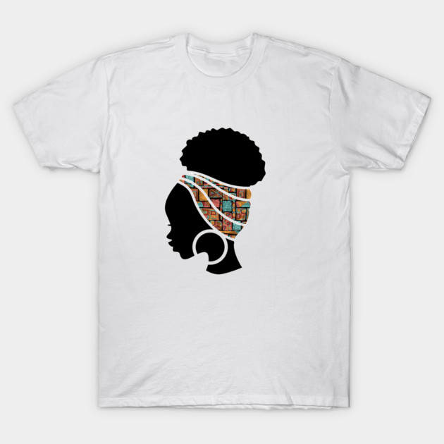 Afro Hair Woman with African Pattern Headwrap T-Shirt by logiamerch
