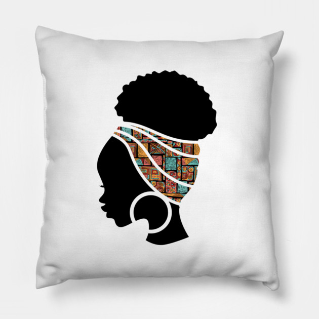 Afro Hair Woman with African Pattern Headwrap Pillow by logiamerch