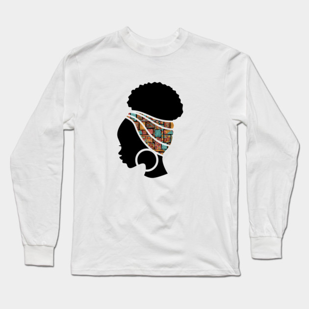 Afro Hair Woman with African Pattern Headwrap Long Sleeve T-Shirt by logiamerch