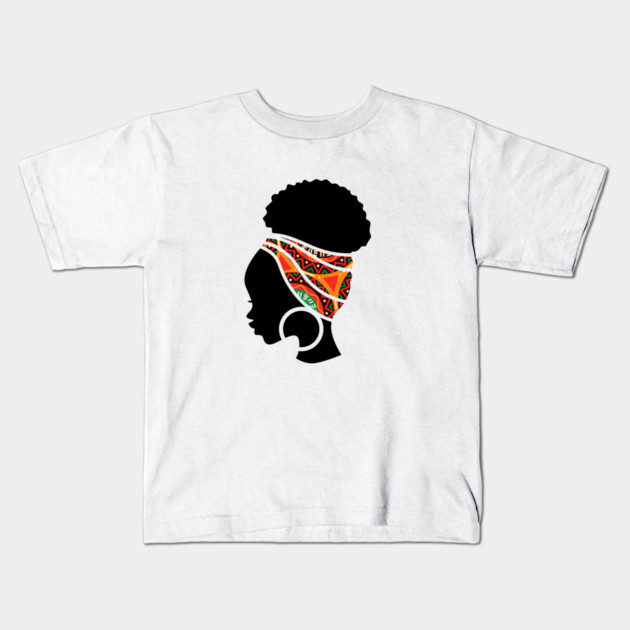 Afro Hair Woman with African Pattern Headwrap Kids T-Shirt by logiamerch