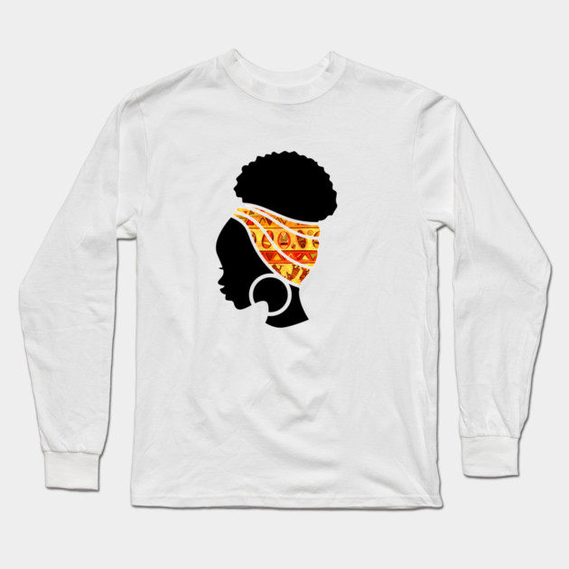 Afro Hair Woman with African Pattern Headwrap Long Sleeve T-Shirt by logiamerch