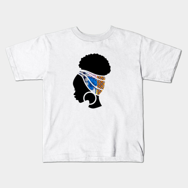 Afro Hair Woman with African Pattern Headwrap Kids T-Shirt by logiamerch