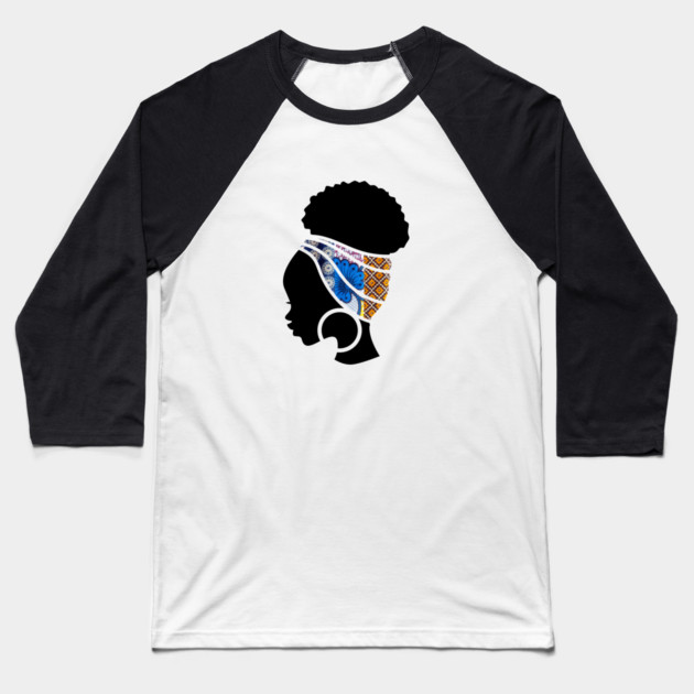 Afro Hair Woman with African Pattern Headwrap Baseball T-Shirt by logiamerch