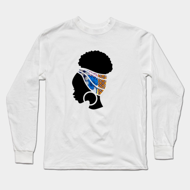 Afro Hair Woman with African Pattern Headwrap Long Sleeve T-Shirt by logiamerch