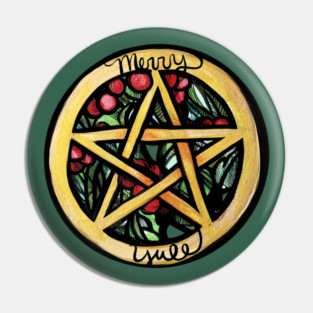 Merry Yule Pentacle Holly Berry Pin