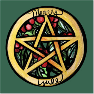 Merry Yule Pentacle Holly Berry Posters and Art