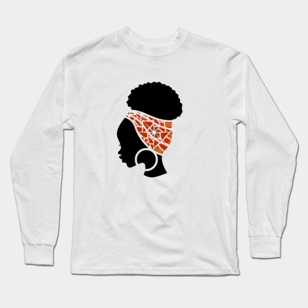 Afro Hair Woman with African Pattern Headwrap Long Sleeve T-Shirt by logiamerch
