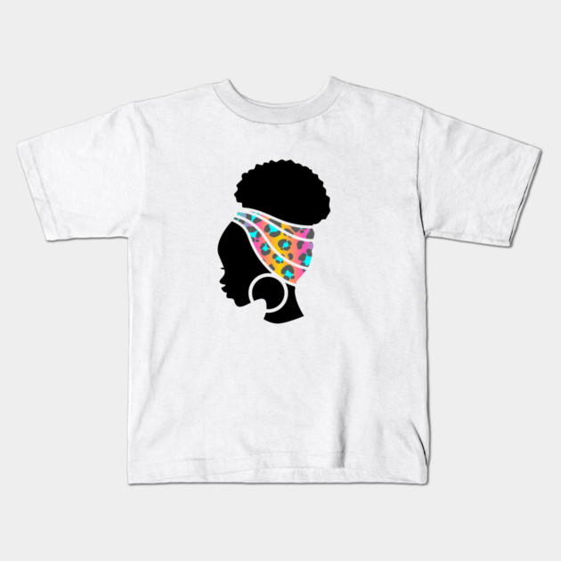 Afro Hair Woman with African Animal Pattern Headwrap Kids T-Shirt by logiamerch