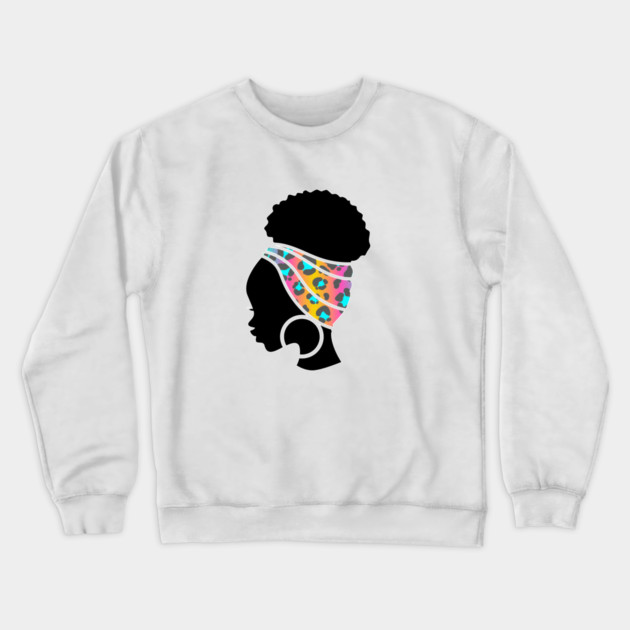 Afro Hair Woman with African Animal Pattern Headwrap Crewneck Sweatshirt by logiamerch