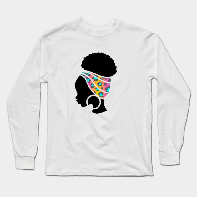 Afro Hair Woman with African Animal Pattern Headwrap Long Sleeve T-Shirt by logiamerch