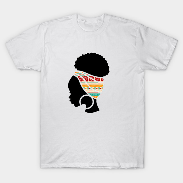 Afro Hair Woman with African Pattern Headwrap T-Shirt by logiamerch