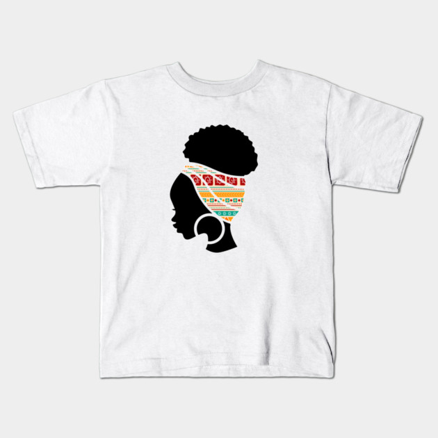 Afro Hair Woman with African Pattern Headwrap Kids T-Shirt by logiamerch