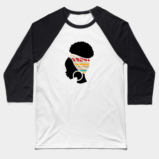 Afro Hair Woman with African Pattern Headwrap Baseball T-Shirt by logiamerch