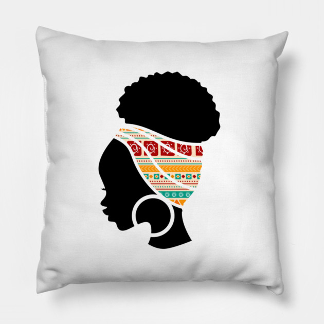 Afro Hair Woman with African Pattern Headwrap Pillow by logiamerch