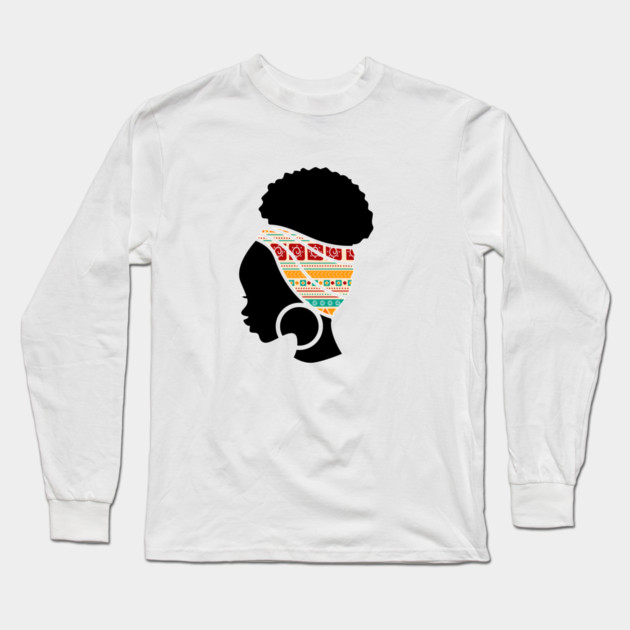 Afro Hair Woman with African Pattern Headwrap Long Sleeve T-Shirt by logiamerch