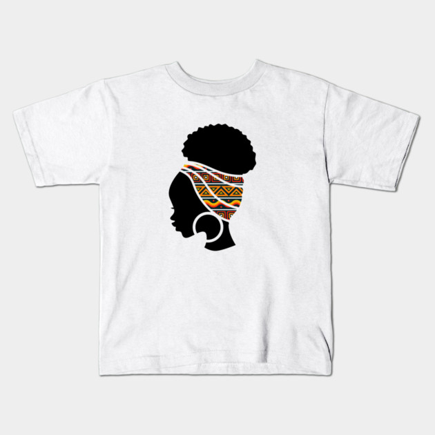 Afro Hair Woman with African Pattern Headwrap Kids T-Shirt by logiamerch