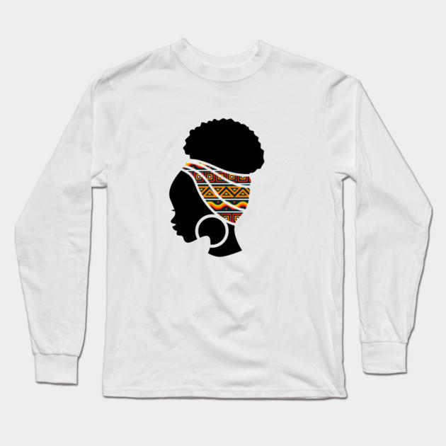 Afro Hair Woman with African Pattern Headwrap Long Sleeve T-Shirt by logiamerch