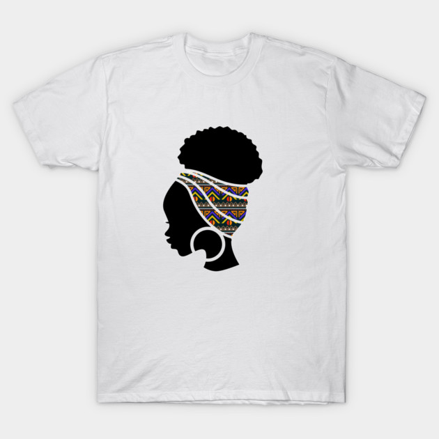 Afro Hair Woman with African Pattern Headwrap T-Shirt by logiamerch