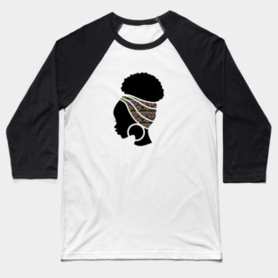 Afro Hair Woman with African Pattern Headwrap Baseball T-Shirt