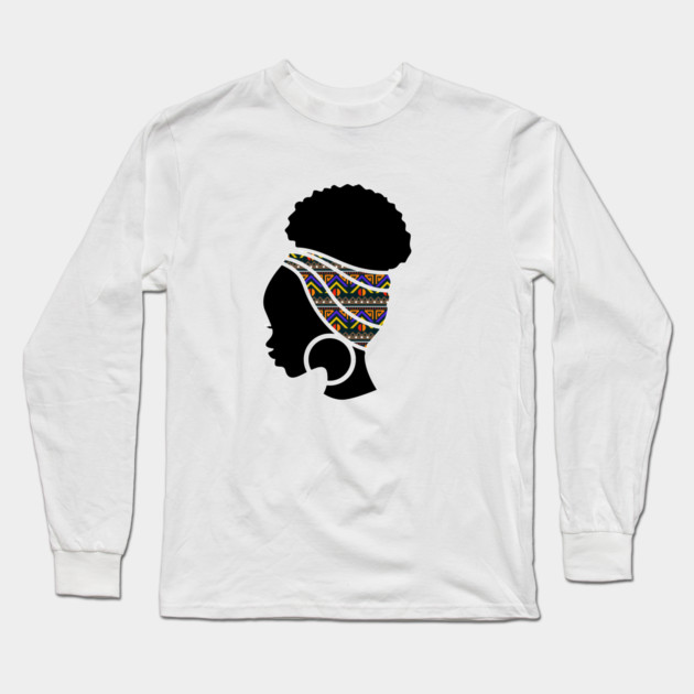Afro Hair Woman with African Pattern Headwrap Long Sleeve T-Shirt by logiamerch