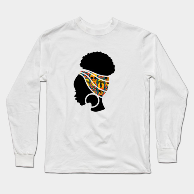 Afro Hair Woman with African Pattern Headwrap Long Sleeve T-Shirt by logiamerch