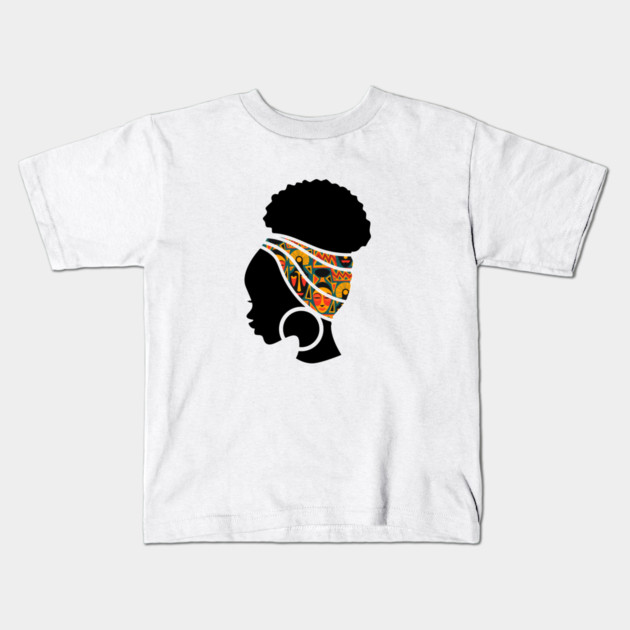 Afro Hair Woman with African Pattern Headwrap Kids T-Shirt by logiamerch