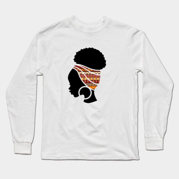 Afro Hair Woman with African Pattern Headwrap Long Sleeve T-Shirt by logiamerch